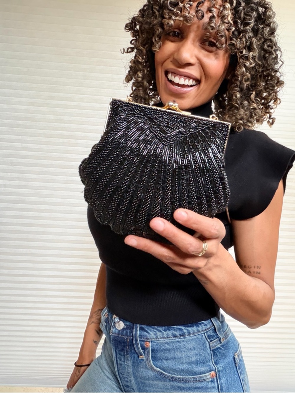 Carla Marchi Black Beaded Shell Clutch Evening Bag or Crossbody